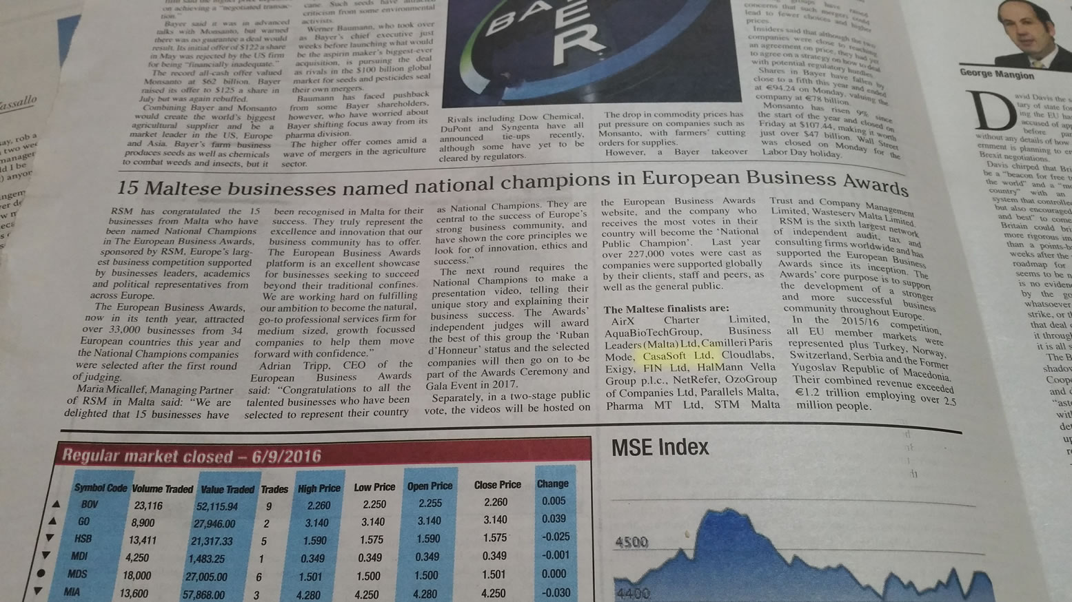 European Business Awards 2016/17 National Champions announcement article as featured on local newspaper, Malta Today